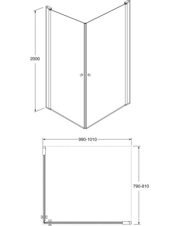 Kvadrātveida dušas durvju komplekts - Iepriekš samontēti durvju profili ātrai un vienkāršai montāžai
Durvis universālas uzstādīšanai labajā vai kreisajā pusē
Pulēti profili un durvju rokturi