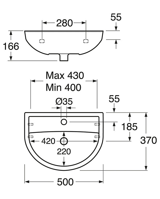 Small bathroom sink Nordic³ 410050 - for bolt/bracket mounting 50 cm - Drawing - 41005001.jpg