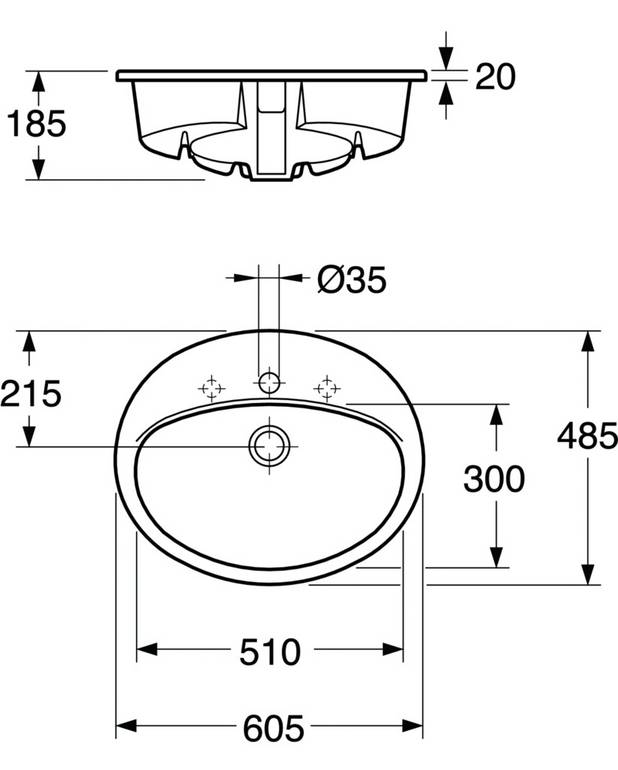 7G28 60 Oval model til nedfældning, med hanehul og overløb - Fremstillet i hygiejnisk, holdbart og tætsintret sanitetsporcelæn
Til nedfældning. Monteres oppefra i en bordplade med udskåret hul