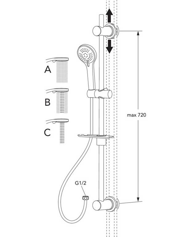 Dušas komplekts - Uzstāda pieslēguma caurulei ar diametru 15 vai 12 
3 funkciju rokas duša
Lietpratīgs plaukts ar praktiskiem āķīšiem
