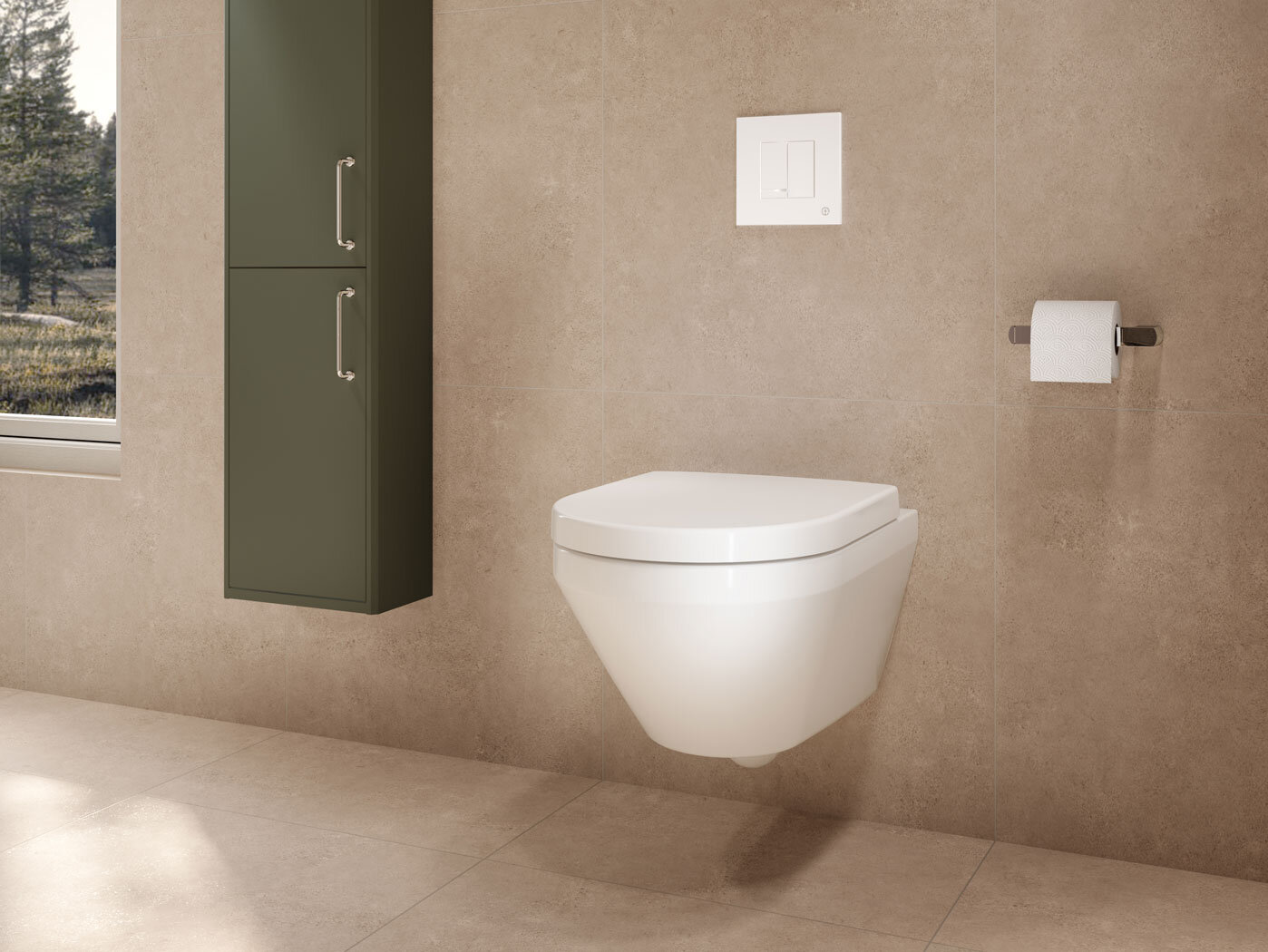 Et moderne vegghengt hvitt toalett med et grønt oppbevaringsskap og toalettpapirholder på en beige vegg.