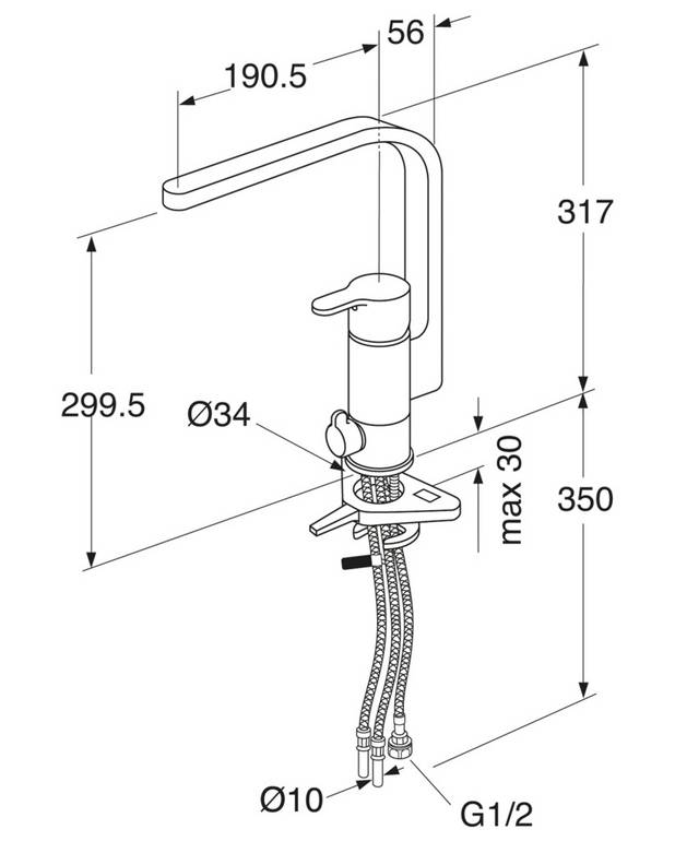 Kitchen mixer Nordic3 - Adjustable comfort flow (water-saver)
Pivoting spout 110° 
Adjustable max temperature for increased scald protection