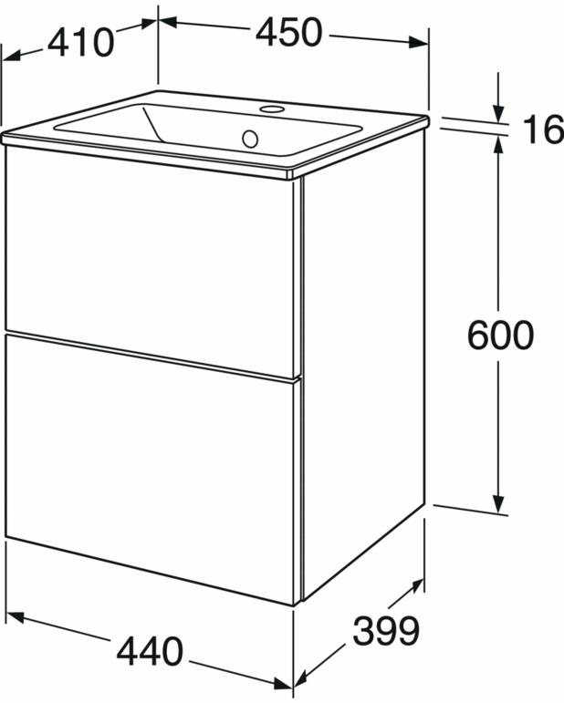 Vaskeskab, Graphic Base - 45 cm - Håndvask af heldækkende porcelæn
Skuffer med dæmpet lukning
Materiale: fugtbestandig spånplade, klassificeret til badeværelser