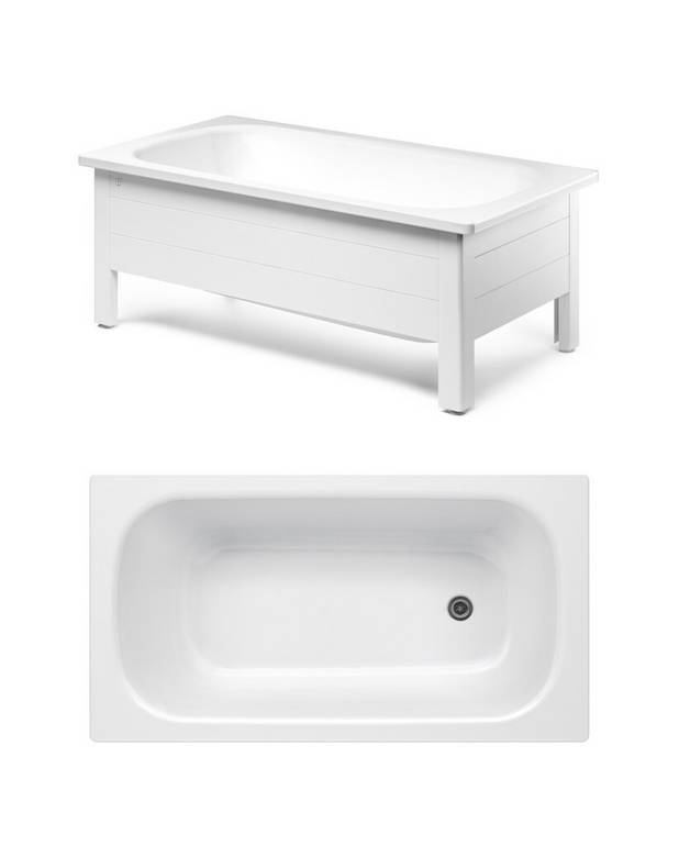 Bathtub with front panel, Standard – 1300 x 700 - Made of titanium steel and enamel, an extremely durable combination
Adjustable feet for a stable tub – on uneven floors, too
Complete with front panel frame, fitted bottom valve and drain pipe