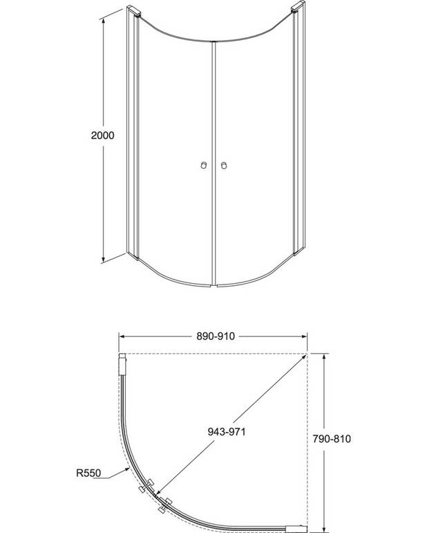 Round shower door set - Pre-fitted door profiles for quick and simple installation
Doors reversible for right/left-hand installation
Polished profiles and door handles