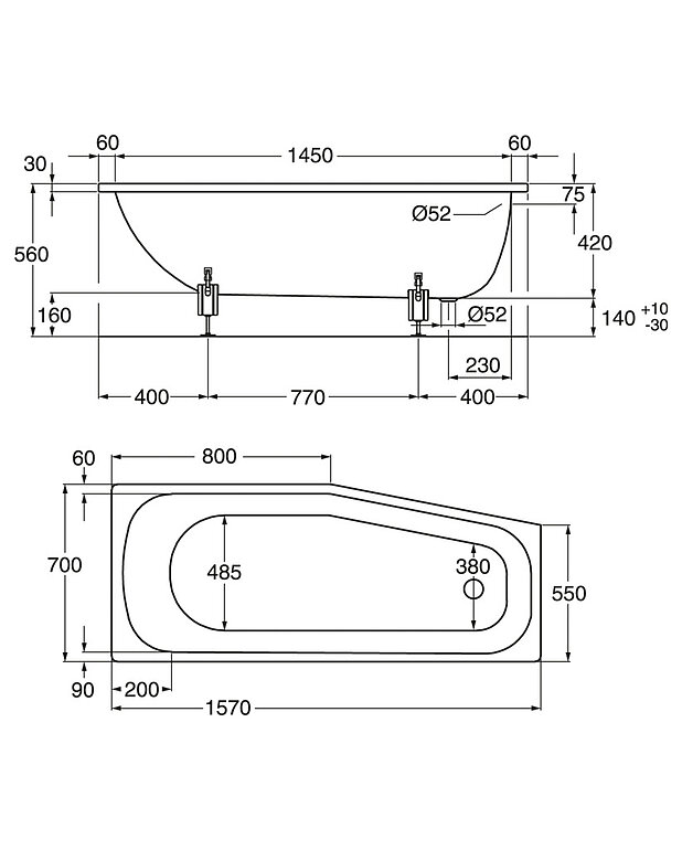 Epäsymmetrinen upotettava amme 2570 - 1570x700 mm, vasen - Mittapiirros - 2570.jpg