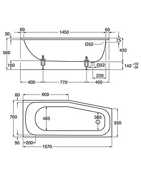 Epäsymmetrinen upotettava amme 2570 - 1570x700 mm, vasen - Mittapiirros - 2570.jpg