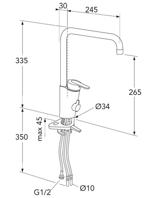 Köksblandare Nordic Plus - hög pip - Spak med tydlig färgmarkering för ​varm- och kallvatten
Svängbar utloppspip 110° (spärr för 0° och 60° ingår)
Soft move, keramiskt paket med mjuk och precis manövrering