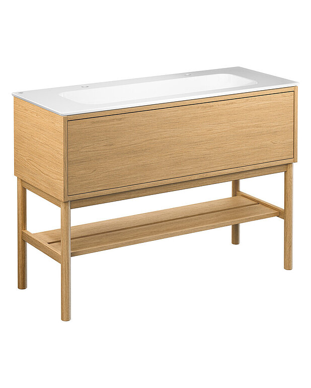 Ducentic Vanity 120cm, Light oak - Created for the 200 year anniversary of Gustavsberg, celebrating the heritage of caftsmanship and design
Spacious drawer interior without the need for a cut-out for the water trap, creating more space for storage
Soft-closing drawer with full extension provide a complete overview of all things