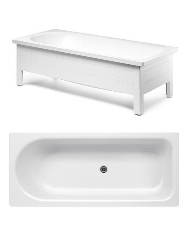 Bathtub with front panel, Combi – 1600 x 700 - Made of titanium steel and enamel, an extremely durable combination
Rounded head end to support the back, and large shower space at the foot end
Adjustable feet for a stable tub – on uneven floors, too