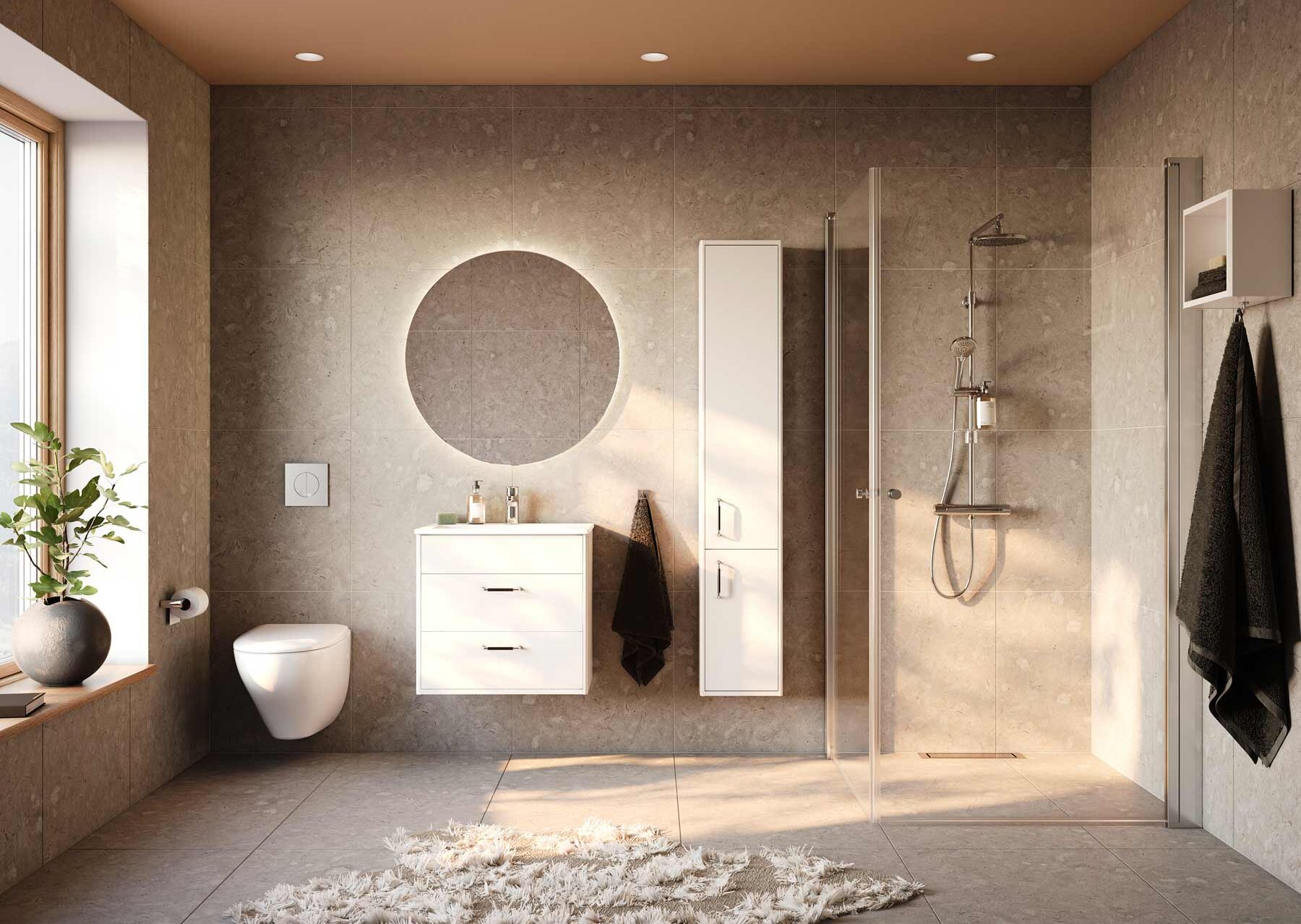 Modernt badrum med stort fönster, cirkulär spegel, vit inredning, duschkabin och en planta på avsatsen.