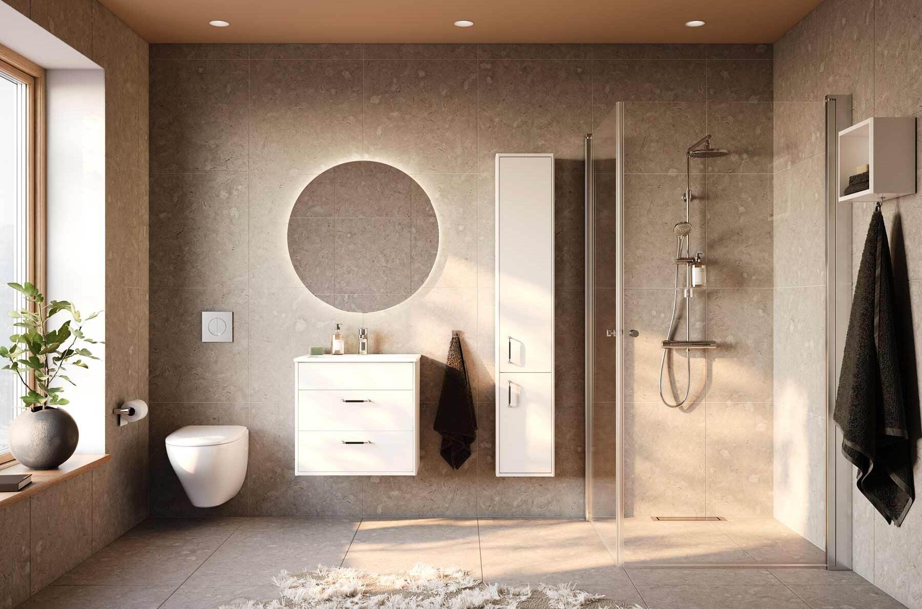 Modernt badrum med stort fönster, cirkulär spegel, vit inredning, duschkabin och en planta på avsatsen.