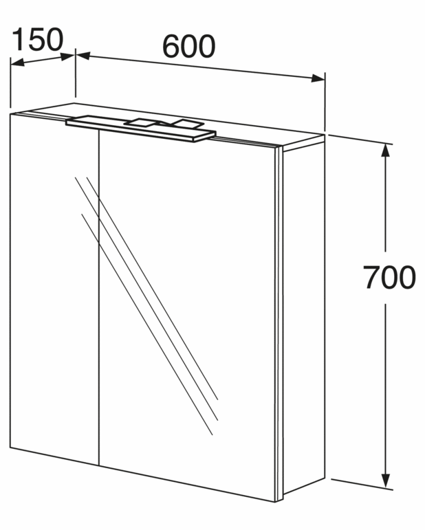 Peegelkapp Nordic3 - 60 cm - Asümmeetrilised peegeluksed
Uksed funktsiooniga Soft Close pehmeks sulgemiseks
Kaks teisaldatavat klaasriiulit