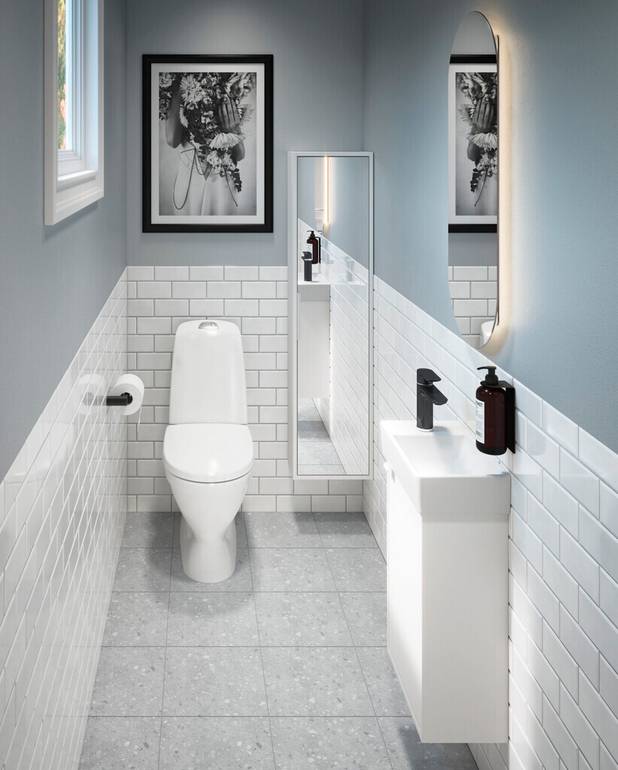 Undercabinet Artic Small - Wash basin made from hygienic, durable and densely sintered ceramic sanitary ware
Opening in cabinet for drain pipe towards the floor
Water drain and bottom valve not included. See accessories