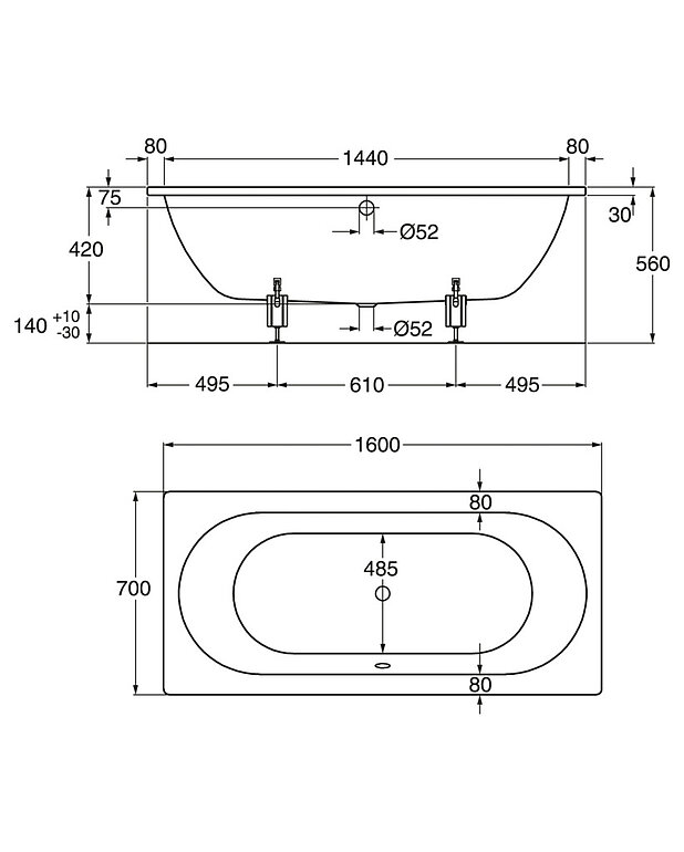 Upotettava amme - 1220, 1600x700 mm - Mittapiirros - 1220.jpg