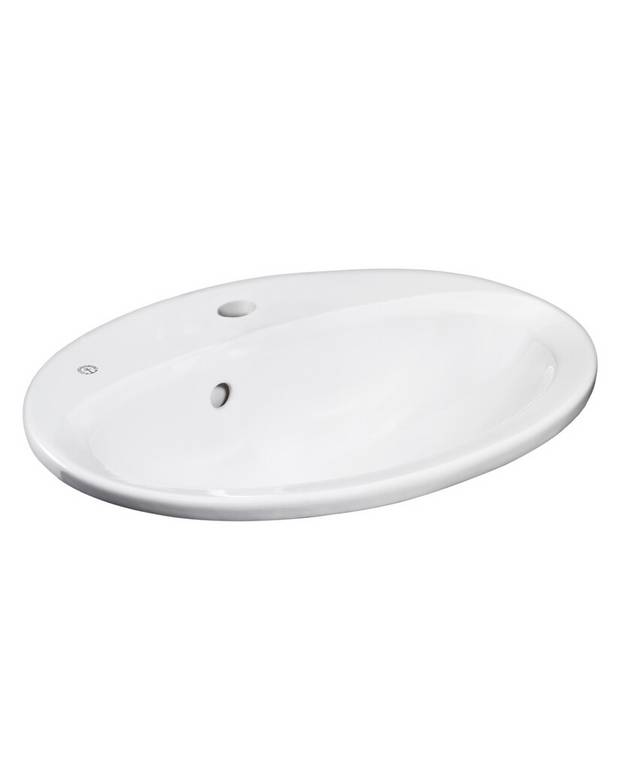 7G28 53 Oval håndvask til nedfældning, med hanehul og overløb - Fremstillet i hygiejnisk, holdbart og tætsintret sanitetsporcelæn
Til nedfældning. Monteres oppefra i en bordplade med udskåret hul