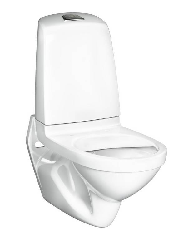 Wall-hung toilet Nautic 1522 - with cistern, Hygienic Flush - Low flush button with a neat design
Space between tank and wall for easier cleaning
With open, glazed flush edge for simplified cleaning