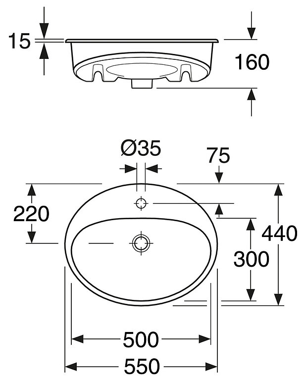 Upotettava pesuallas Nautic 5555 - 55cm - Helposti puhdistettava ja minimalistinen muotoilu
Pöytälevyyn tai kalusteeseen upotettava