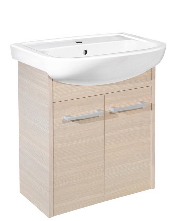 Håndvaskeskab Nordic3 - 60 cm - Komplet møbelpakke med skab og håndvask
Døre med Soft Close for en lydløs og blød lukning
Åbning i skabet til afløb mod gulv