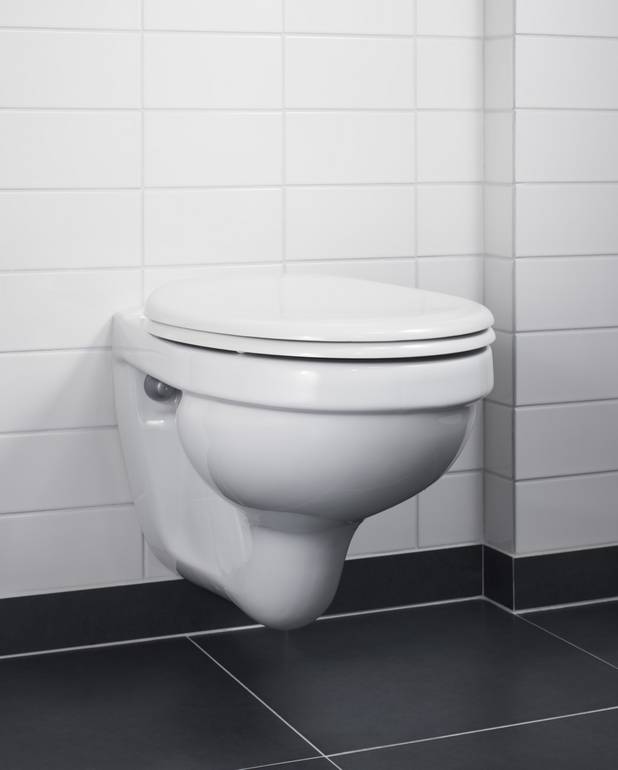 Seinä-WC Nordic³ 3530 - vakioistuinkannella - Käytännöllinen muotoilu skandinaavisilla standardimitoilla
Lasitettu huuhtelureunan alapuolelta helpottamaan puhtaanapitoa
Sopii Triomont-asennustelineeseemme