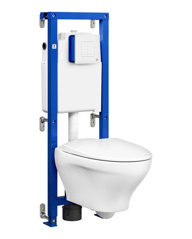 All In One – inkludert fikstur, Estetic WC og betjeningsplate - Pen installasjon, med minimalt med synlige rør
Estetic-toalett med Hygienic Flush, myktlukkende sete og skjulte fester
Betjeningsplate med dobbeltskyll