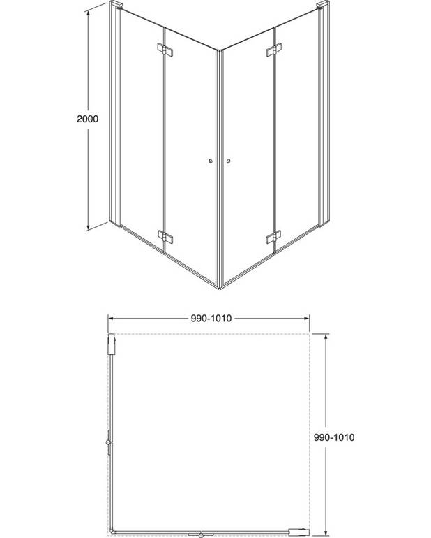 Square saliekams dušas durvju stūra komplekts - Saliekamas durvis, aizņem mazāk vietas
Var izmantot arī šaurās vietās, kurās saliekšanas funkcija atrisina problēmu
Stūra konfigurācija norādīta kā “Kreisais” x “Labais”, skatoties stāvus pozīcijā dušas priekšpusē