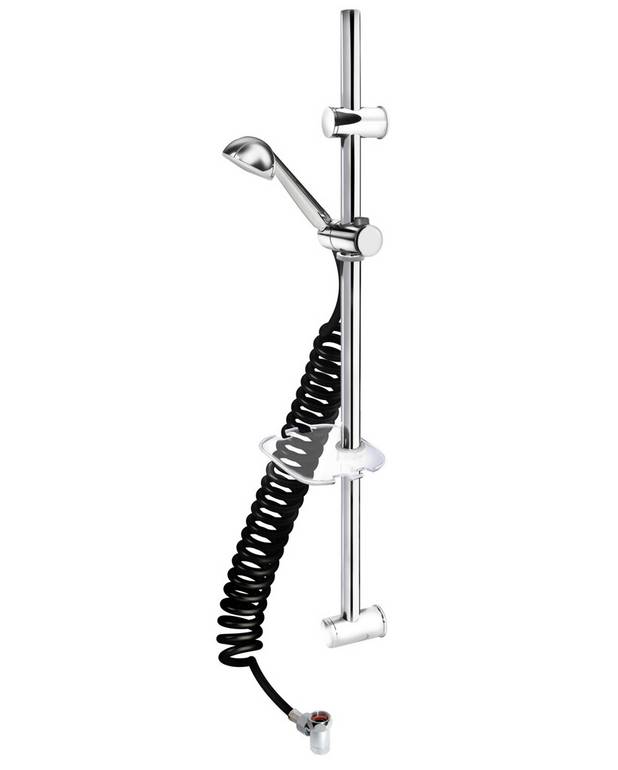 Shower set Care - spiral hose - Drainage valve empties the water to minimise risk of legionella
Wall holder with adjustable c-c measurement
Attached with screws or glue