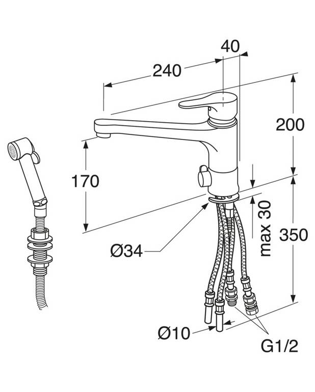 Kitchen mixer Nautic - low cast spout - Energy class B, saves energy and water 
Adjustable comfort flow and comfort temperature
Pivoting spout 110°