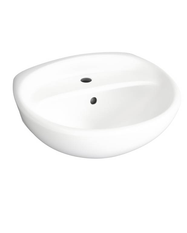 Håndvask Estetic 410350  boltmontering 50 cm - Skjulte bolte giver en pæn montering
Pop-up bundventil i porcelæn
Ceramicplus: hurtig og miljøvenlig rengøring