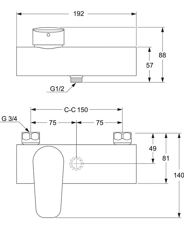 Suihkusekoitin Atlantic – yksiote - Mittapiirros - GB41211314ShowermixerAtlantic_150cc_Drawing.jpg