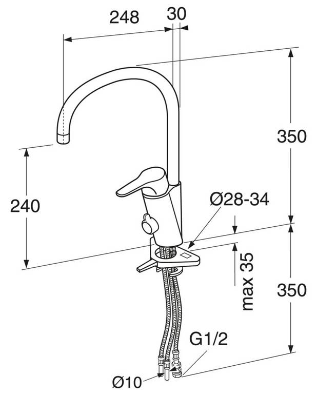 Kitchen mixer Nautic - high spout - Energy class B, saves energy and water 
Adjustable comfort flow and comfort temperature
Outlet for table-top dishwasher in rear