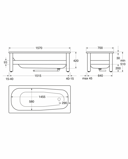 Badkar 1571 - 1570x700 - Standardbadkar anpassat för ROT, med utvändig emaljering
Titanlegerad stålplåt av högsta kvalitet
Kompletteras med benställning