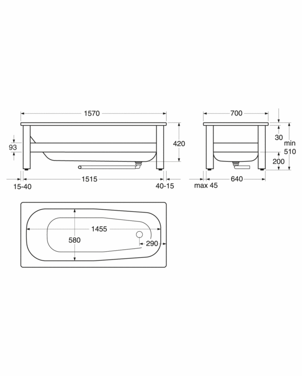 Badekar uten ben – 1570 x 700 - Standardbadekar tilpasset for ROT med utvendig lakkering
Titanlegert stålplate av høyeste kvalitet
Kompletteres med ben