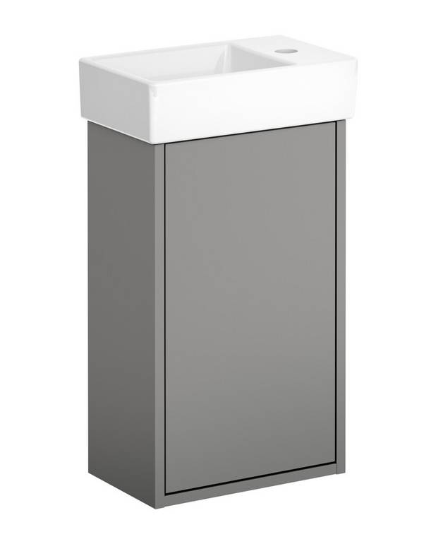 Tvättställsskåp Artic Small - Dörr med Soft Close för mjuk stängning
Öppning i skåpet för avlopp mot golv
Material: fukttrög spånskiva klassad för badrum