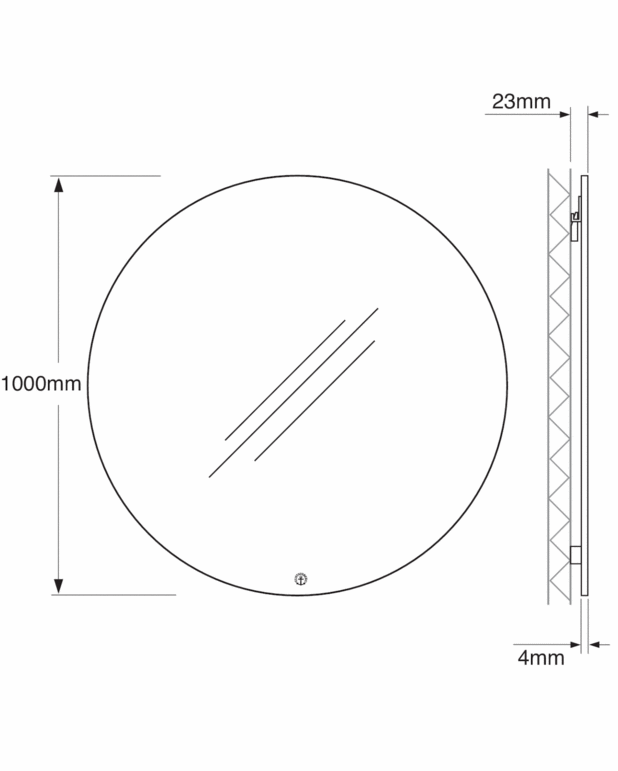 Baderomsspeil Rundt – 100 cm - For montering på vegg
Enkel montering med muligheter for justering
Kan kombineres med Graphic belysning – se tilbehør