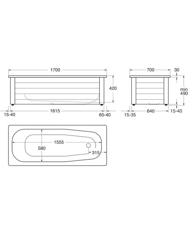 Bathtub front panel 7417 – 1700 x 700 - Full-front panel features a slidable lower section to facilitate cleaning
Feet adjustable 25 mm in height
Space for pipework