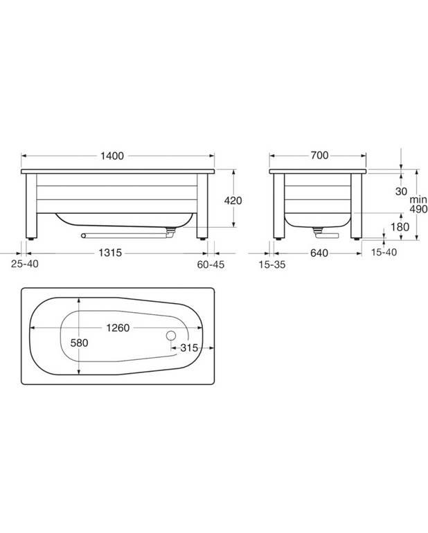Bathtub front panel 6414 – 1400 x 700 - Supplied with one end panel and one front panel
Feet adjustable 25 mm in height
Space for pipework