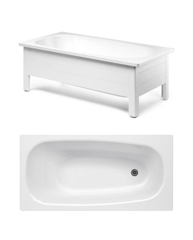 Bathtub with front panel, Standard – 1400 x 700 - Made of titanium steel and enamel, an extremely durable combination
Adjustable feet for a stable tub – on uneven floors, too
Complete with front panel frame, fitted bottom valve and drain pipe