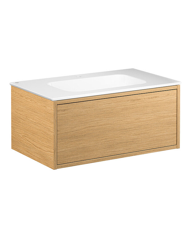 Ducentic Vanity 80cm, Light oak - Created for the 200 year anniversary of Gustavsberg, celebrating the heritage of caftsmanship and design
Spacious drawer interior without the need for a cut-out for the water trap, creating more space for storage
Soft-closing drawer with full extension provide a complete overview of all things