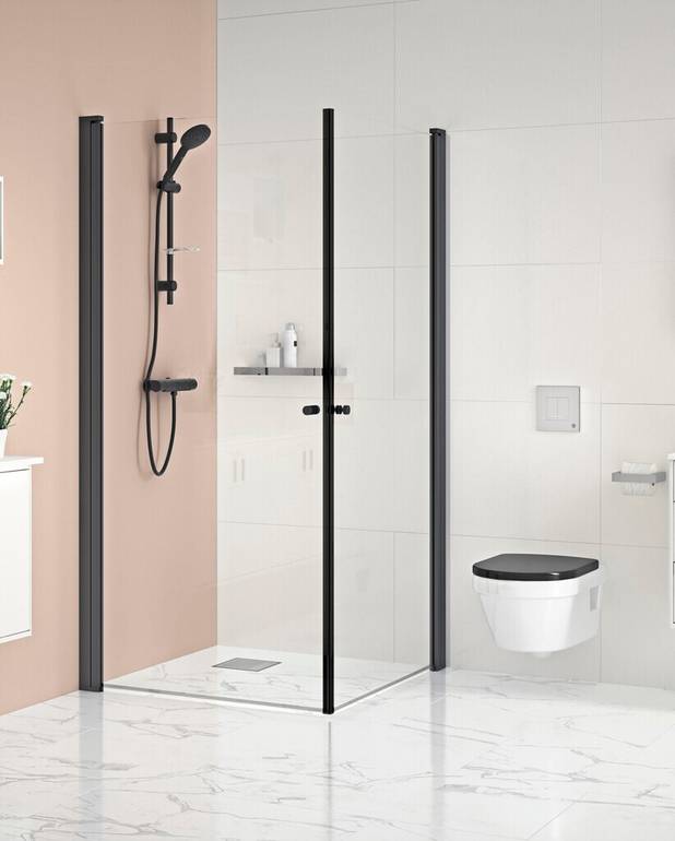 Square shower door corner set - Reversible for right/left-hand installation
Pre-fitted door profiles for quick and simple installation
Matte black profiles and door handles