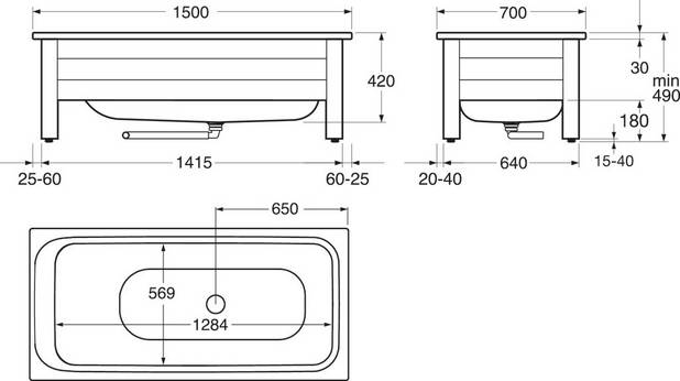 Badekarfront 6415 – 1500x700 - Leveres med én gavl og én front.
Fødderne kan justeres 25 mm i højden
Plads til rørføring