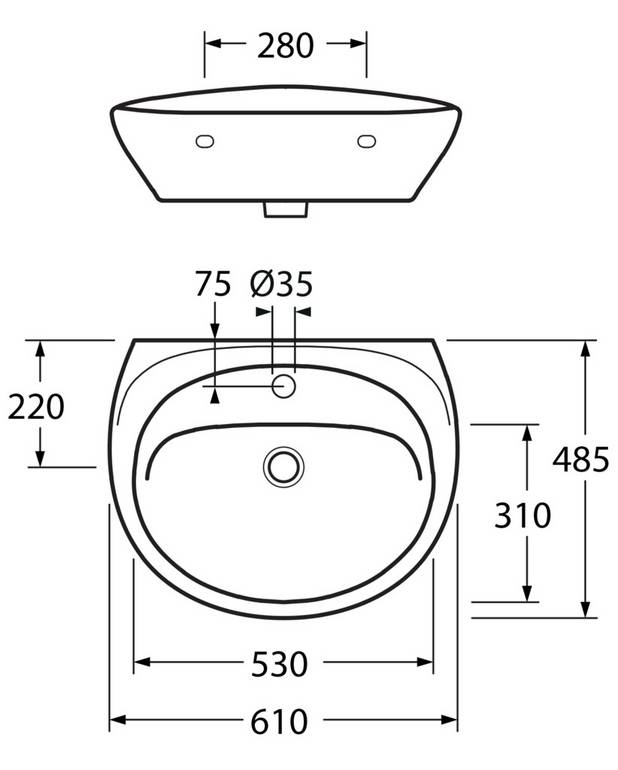 Vask Estetic 410360  boltmontering 60 cm - Skjulte bolte giver en pæn montering
Pop-up bundventil i porcelæn medfølger
Ceramicplus: hurtig og miljøvenlig rengøring