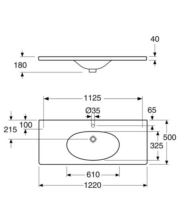 Valamu Logic 5512 - polt-/kandurkinnituseks 122 cm - Puhastussõbralik ja minimalistlik disain
Elliptiline suurte kasutuspindadega
Paigaldamiseks konsoolile või Nautic-mööblile