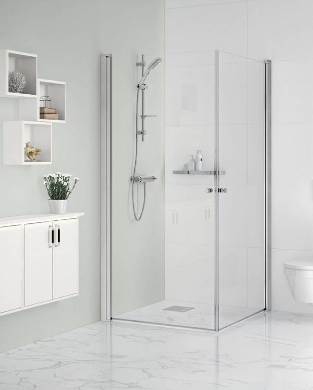 Square shower door set - Pre-fitted door profiles for quick and simple installation
Doors reversible for right/left-hand installation
Polished profiles and door handles