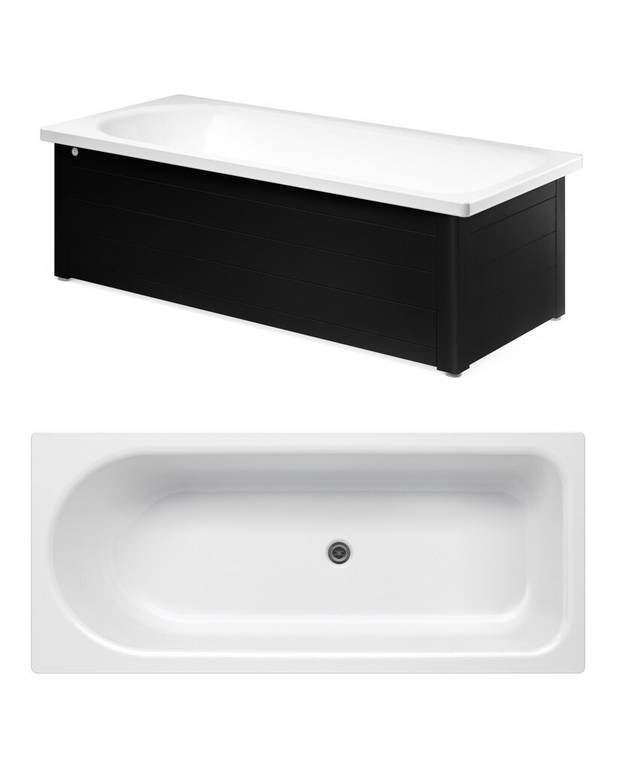 Bathtub with front panel, Combi – 1600 x 700 - Made of titanium steel and enamel, an extremely durable combination
Rounded head end to support the back, and large shower space at the foot end
Adjustable feet for a stable tub – on uneven floors, too