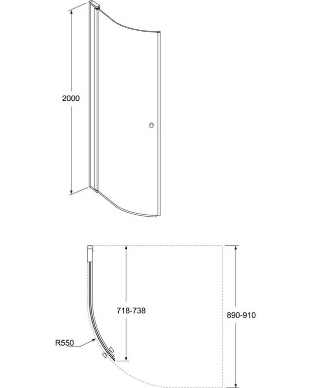„Round“ dušo durys - Keičiama atidarymo kryptis - galima montuoti dešinėje arba kairėje
Uždėti durų profiliai - greitas ir paprastas montavimas
Poliruoti profiliai ir durų rankenos
