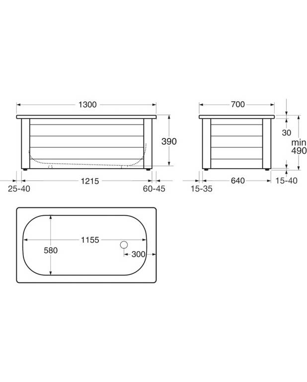 Bathtub with front panel, Standard – 1300 x 700 - Made of titanium steel and enamel, an extremely durable combination
Adjustable feet for a stable tub – on uneven floors, too
Complete with front panel frame, fitted bottom valve and drain pipe