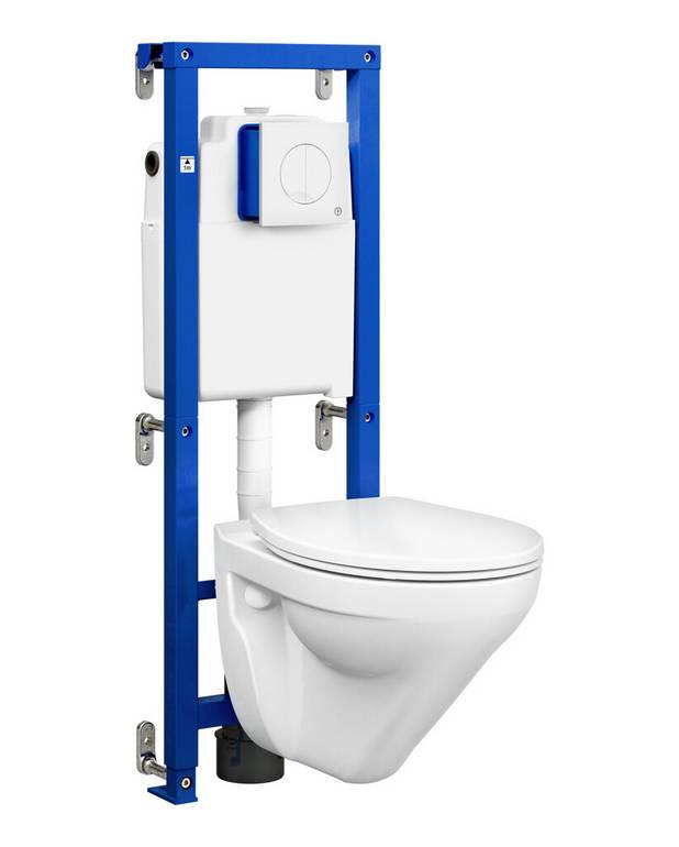 All In One - Asennusteline Nordic³ seinä-WC ja huuhtelupainikkeella - Siisti asennus, mahdollisimman vähän näkyviä putkia
Nordic³ Hygienic Flush hitaastisulkeutuvalla istuinkannella
Kaksoishuuhtelu Duo painike sisältyy pakettiin
Sopii asennettavaksi suoralle seinälle tai kulmaan