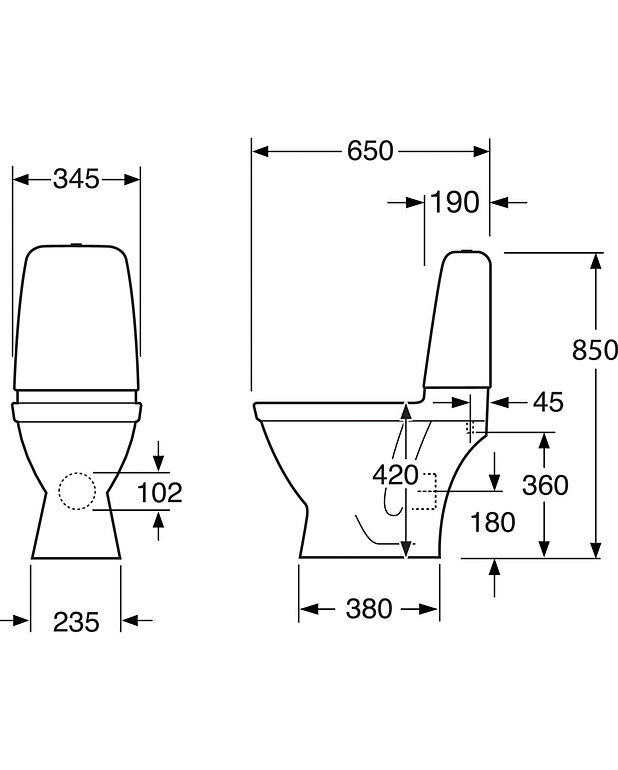 WC-pott Public 6610: peidetud tahavool, hügieeniline loputus - Joonis - Gustavsberg_Toilet_Pacific_6610_P-trap.jpg