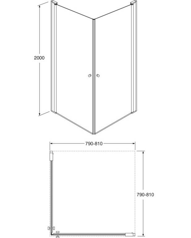 Square dusjdør hjørnesett - Vendbar for høyre- eller venstrevendt installasjon
Forhåndsmonterte dørprofiler for rask og enkel installasjon
Matt sorte profiler og dørhåndtak
